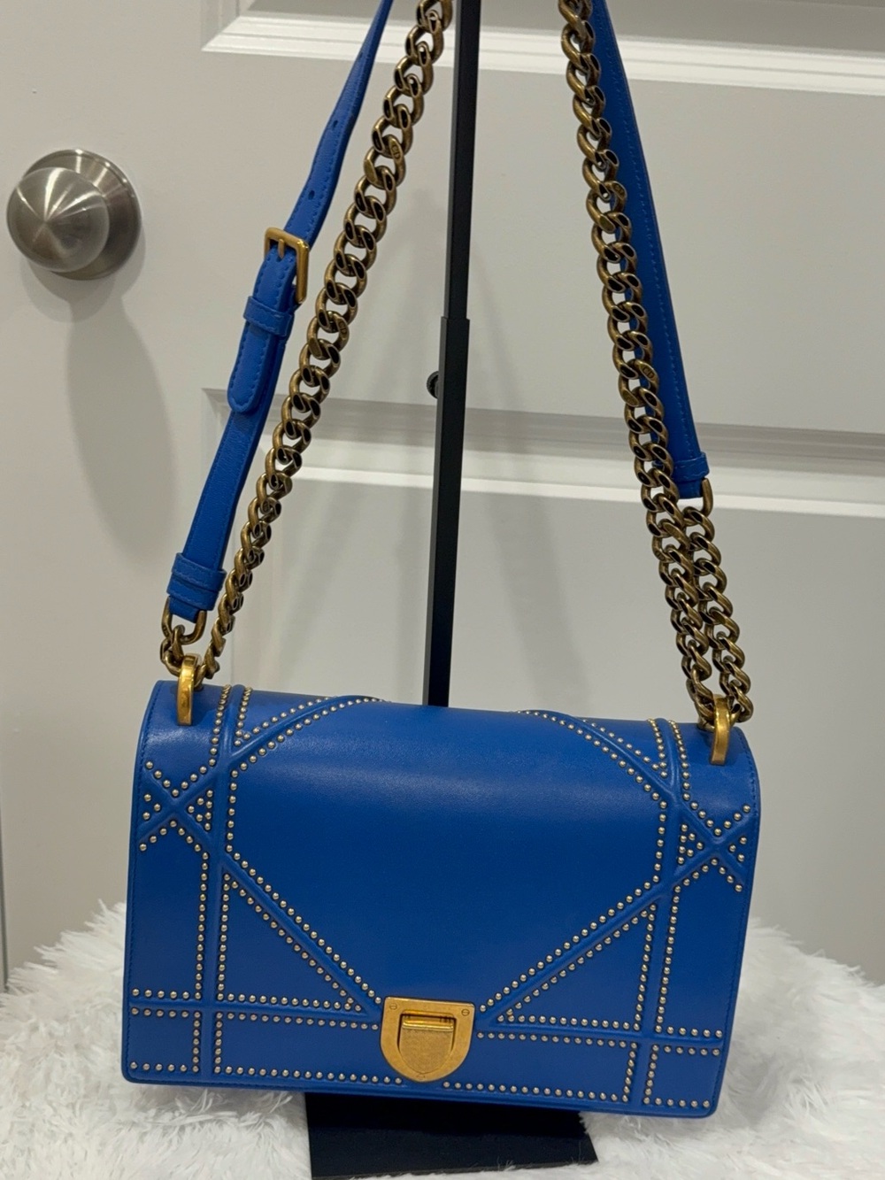 Christian Dior Studded Blue Leather Shoulder Bag with Gold Chain Strap